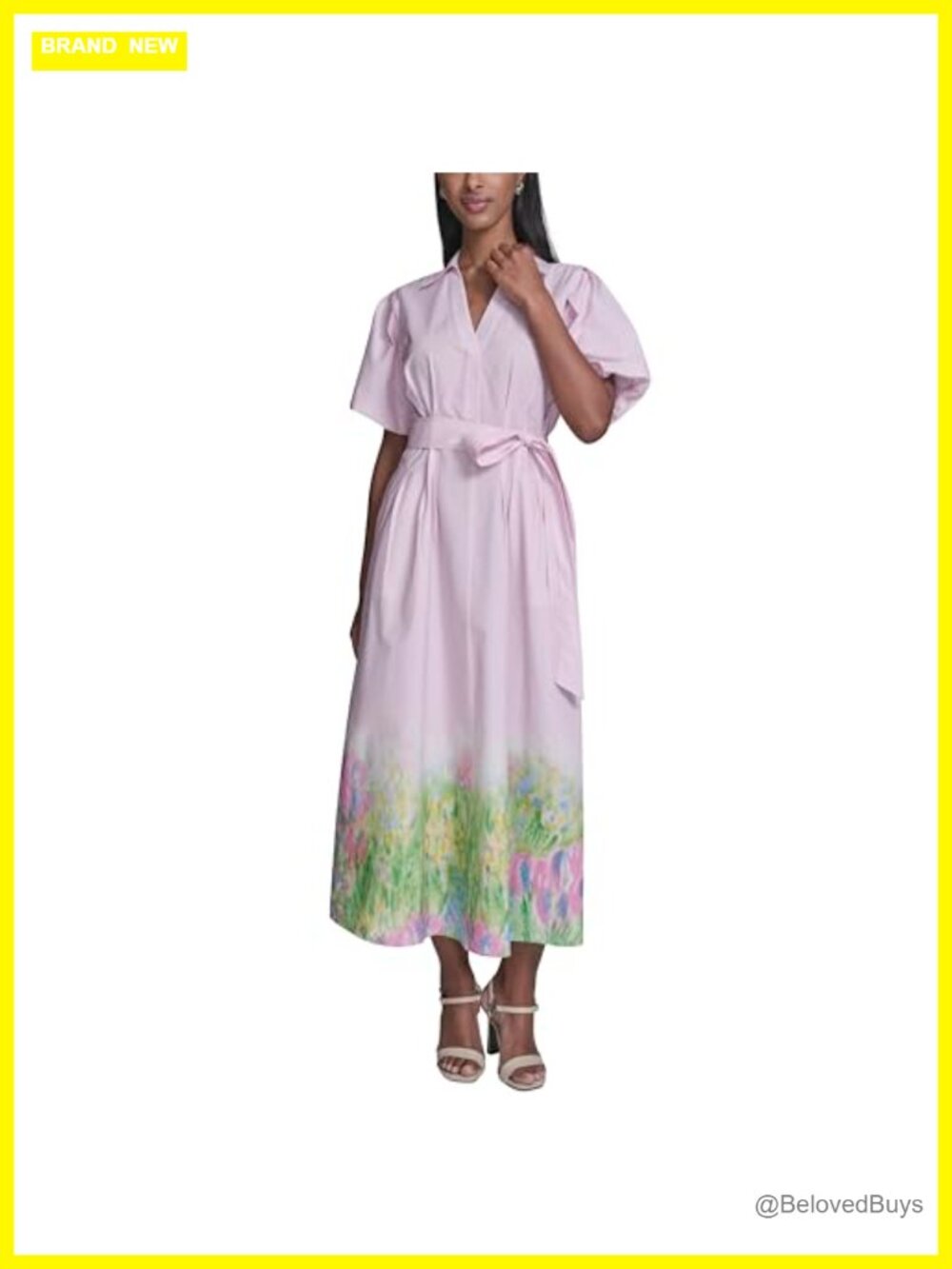 Karl Lagerfeld Cotton Floral A-Line Midi Dress Collared Short Sleeve Work